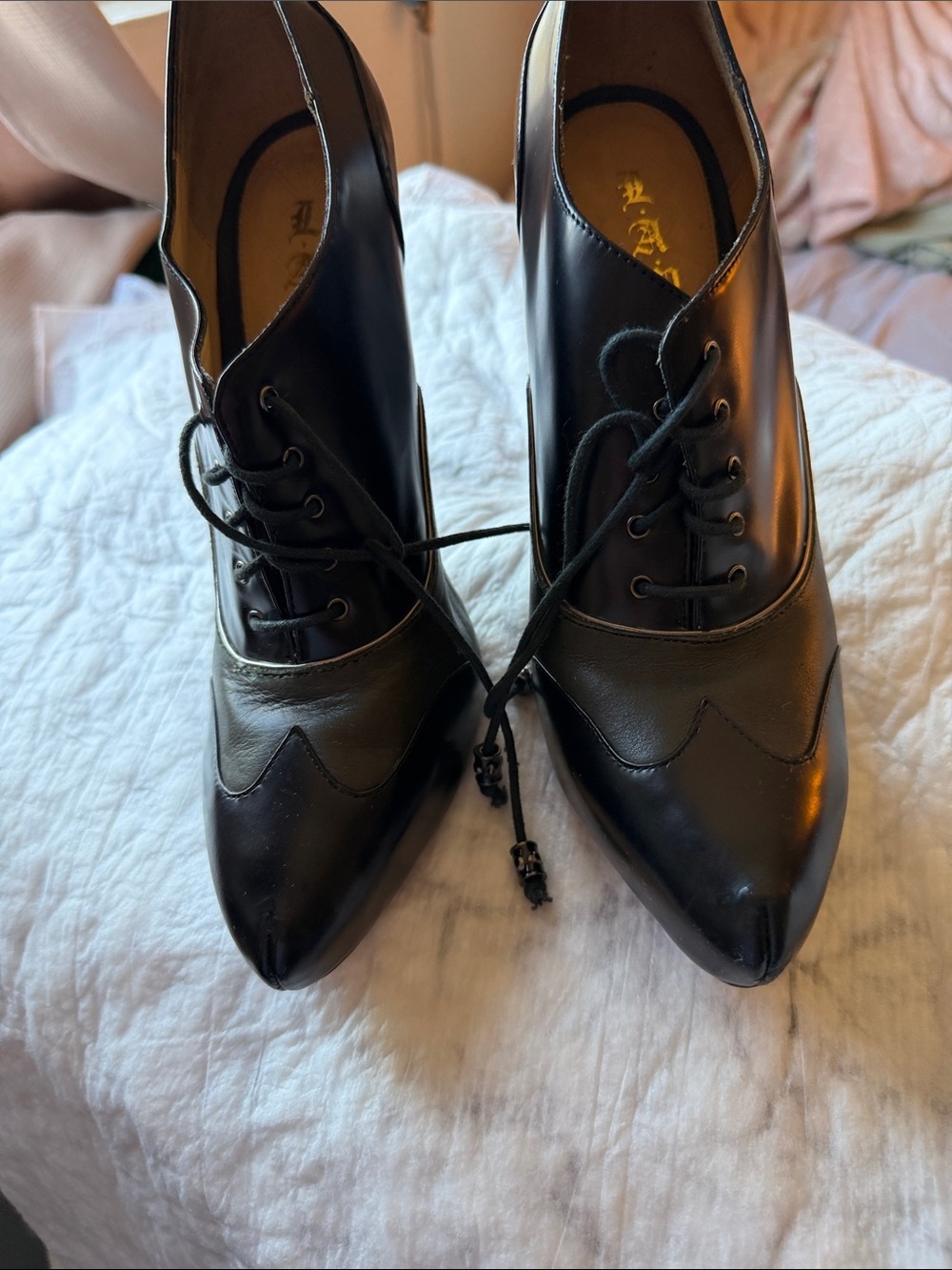 L.A.M.B. Black Lace-Up Pointed Toe Heels